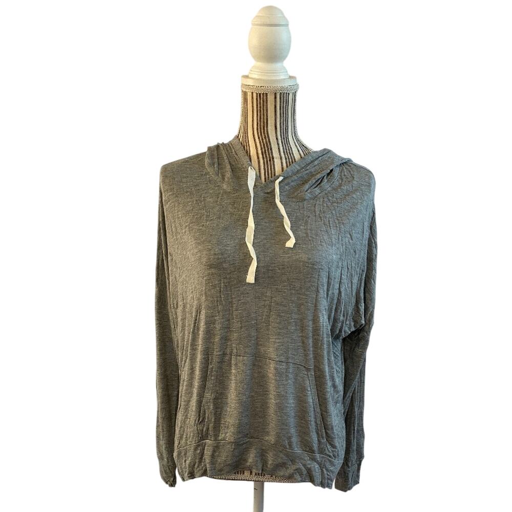 Heart & Hips Gray Hooded Long Sleeve Front Pocket Pullover Top Women Sz S